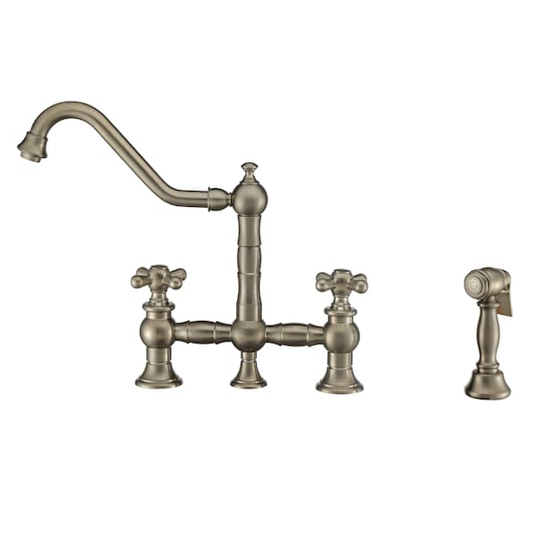 Whitehaus Bridge Faucet W/ Long Traditional Swivel Spout, Cross Handles And Brass WHKBTCR3-9201-NT-BN - main